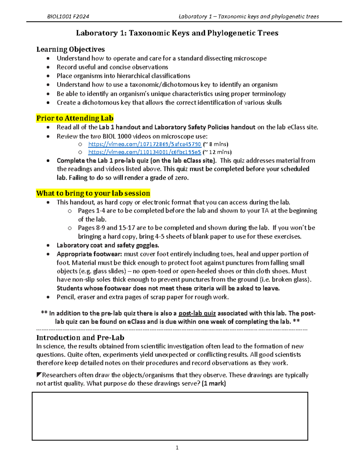 Lab 1 Taxonomic keys phylogenetic trees - B1001 F24 - lab handout ...