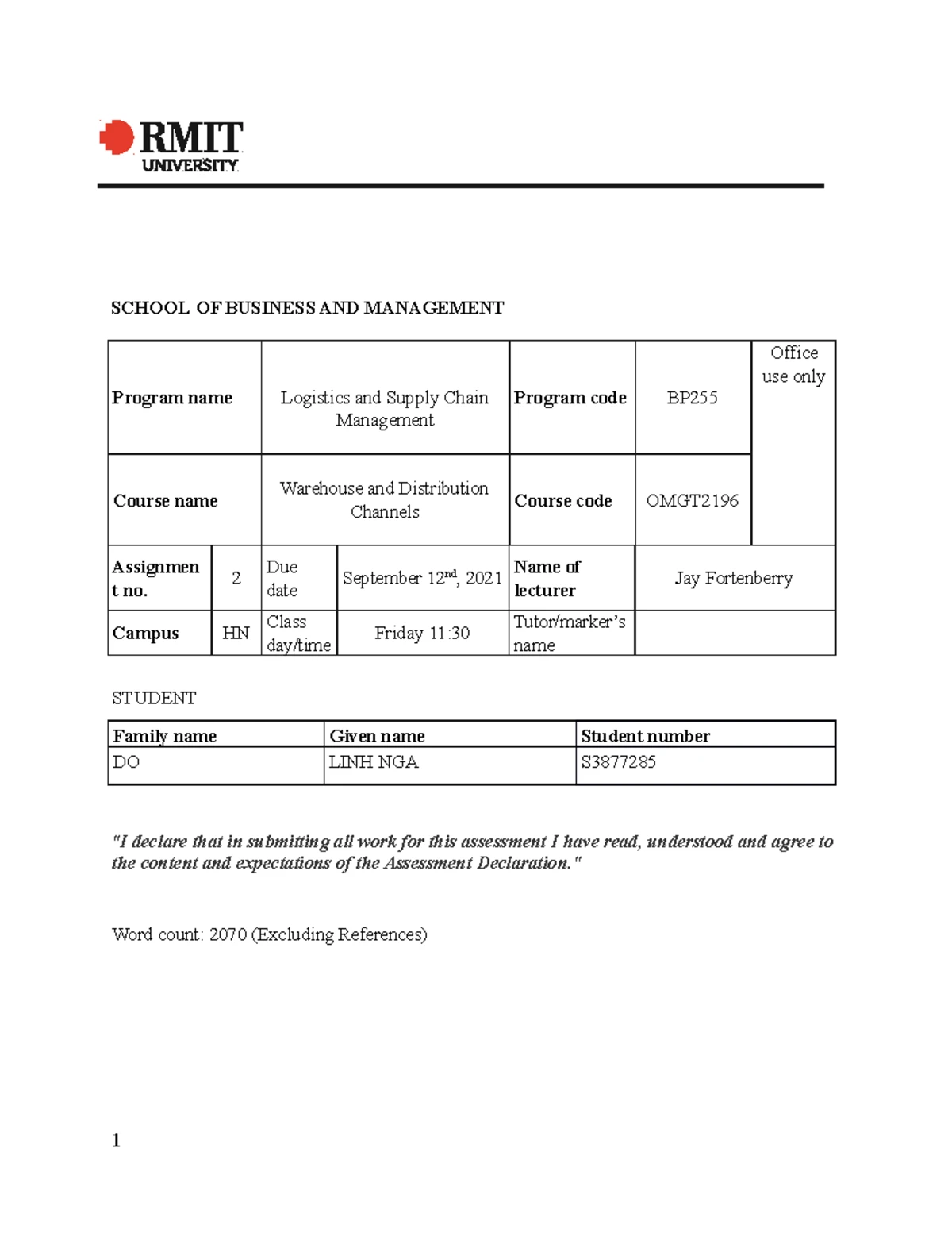 Sample Assignment 2 Report A - Warehouse Management - RMIT University ...