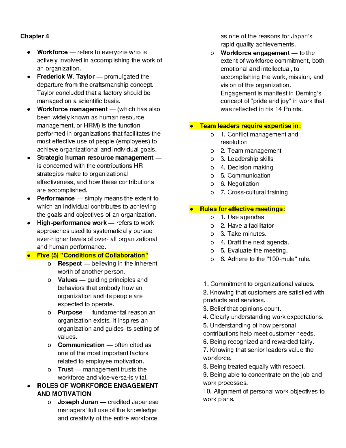 Chapter 4 Summary: Workforce Management and Engagement Insights - Studocu