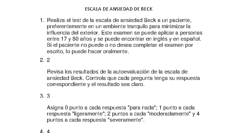 ESCALA DE ANSIEDAD DE BECK - Instrucciones y Evaluación - Studocu