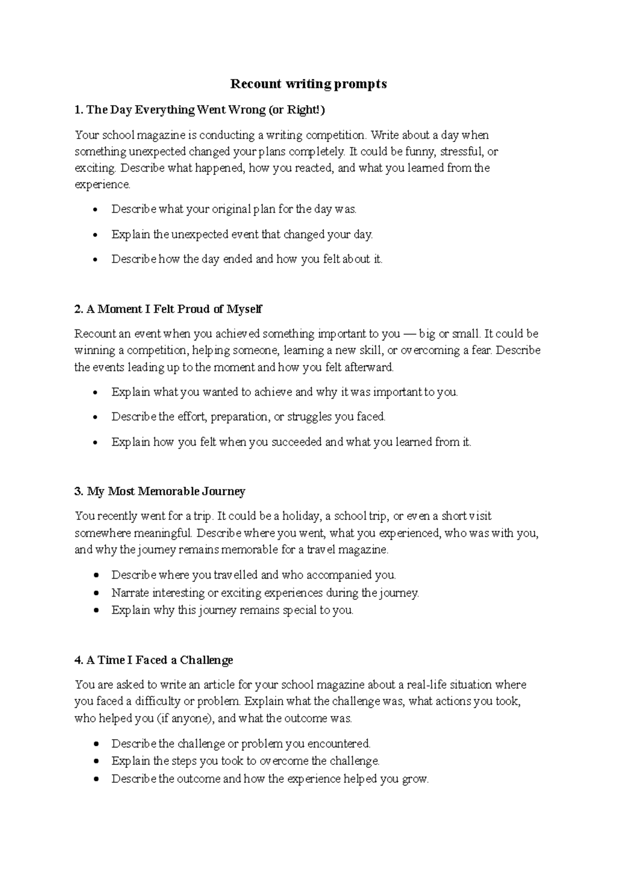 Recount Writing Prompts for School Magazine Competition - Studocu