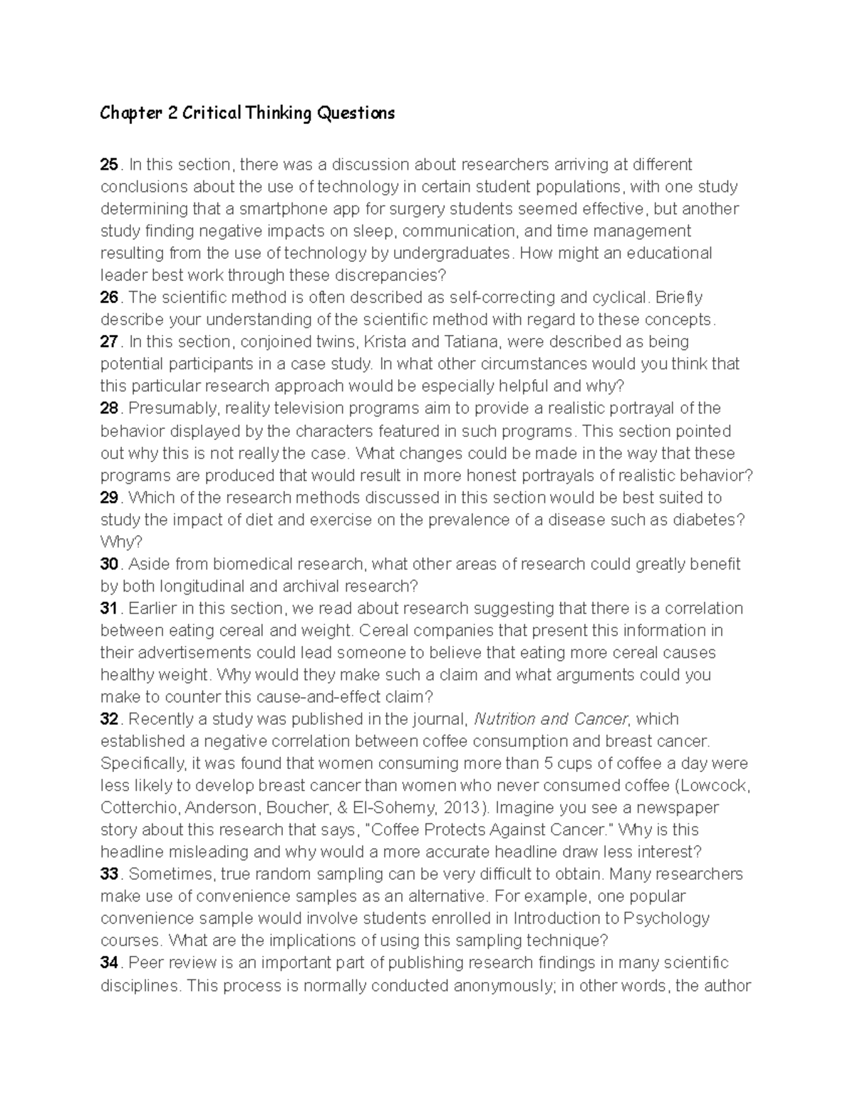 Chapter 2: Critical Thinking Qs on Research Methods and Ethics - Studocu