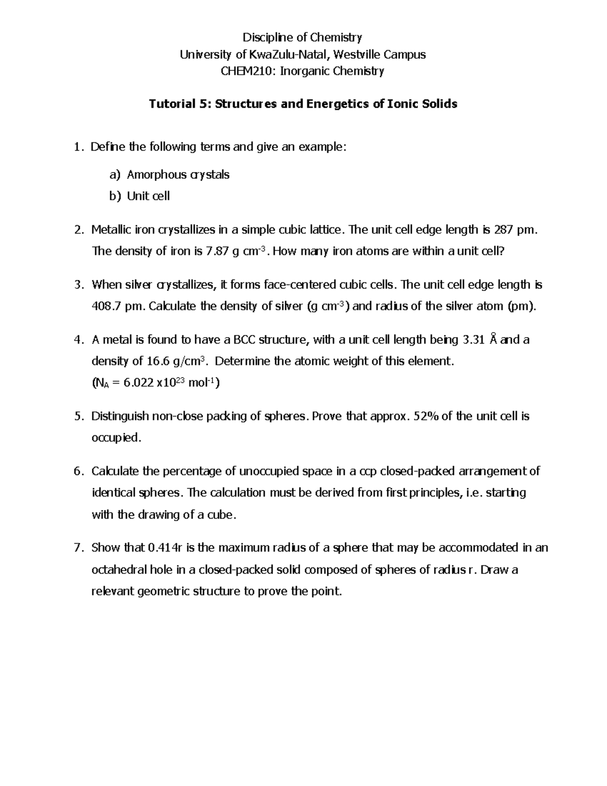 CHEM210: Inorganic Chemistry Tutorial 5 - Ionic Solids Structures ...