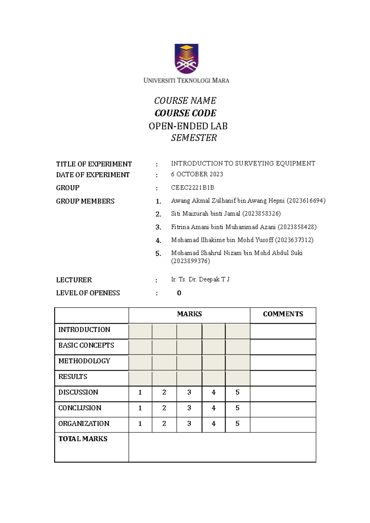Lab Experiment on Surveying Techniques - Course Code: [Insert Code ...