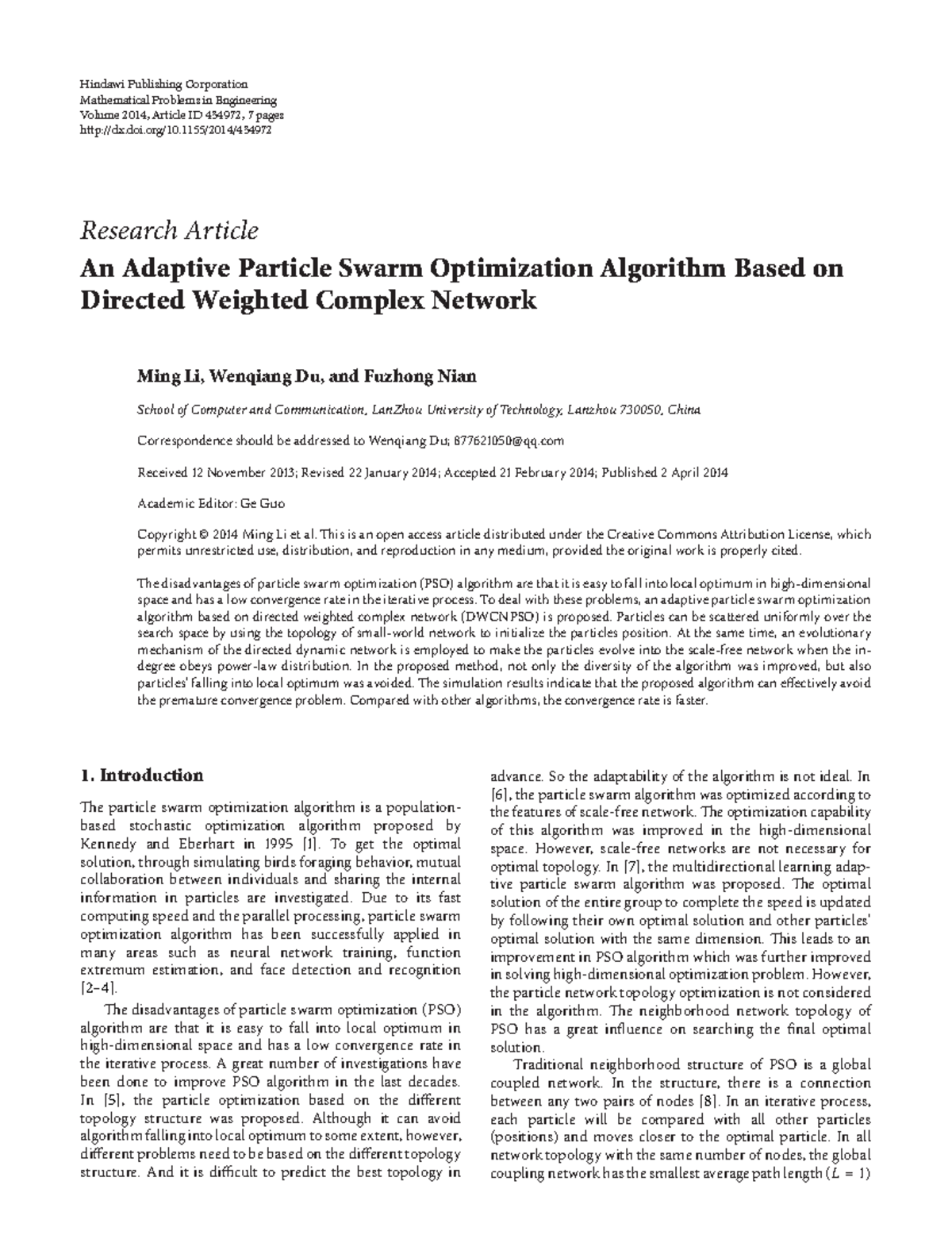 Adaptive Particle Swarm Optimization Based on Complex Networks - Studocu