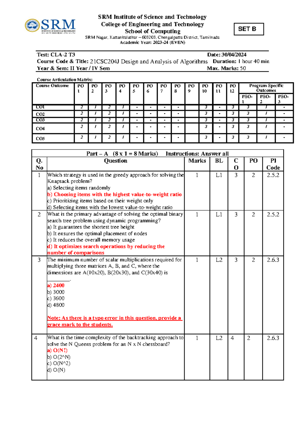 SET B 21CSC204J Design and Analysis of Algorithms Answer Key - Studocu