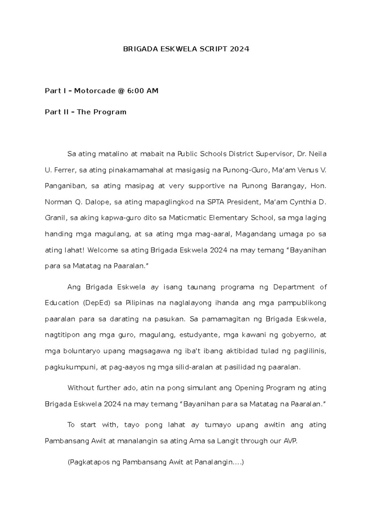 Brigada Eskwela 2024 Script: Motorcade & Program Overview - Studocu