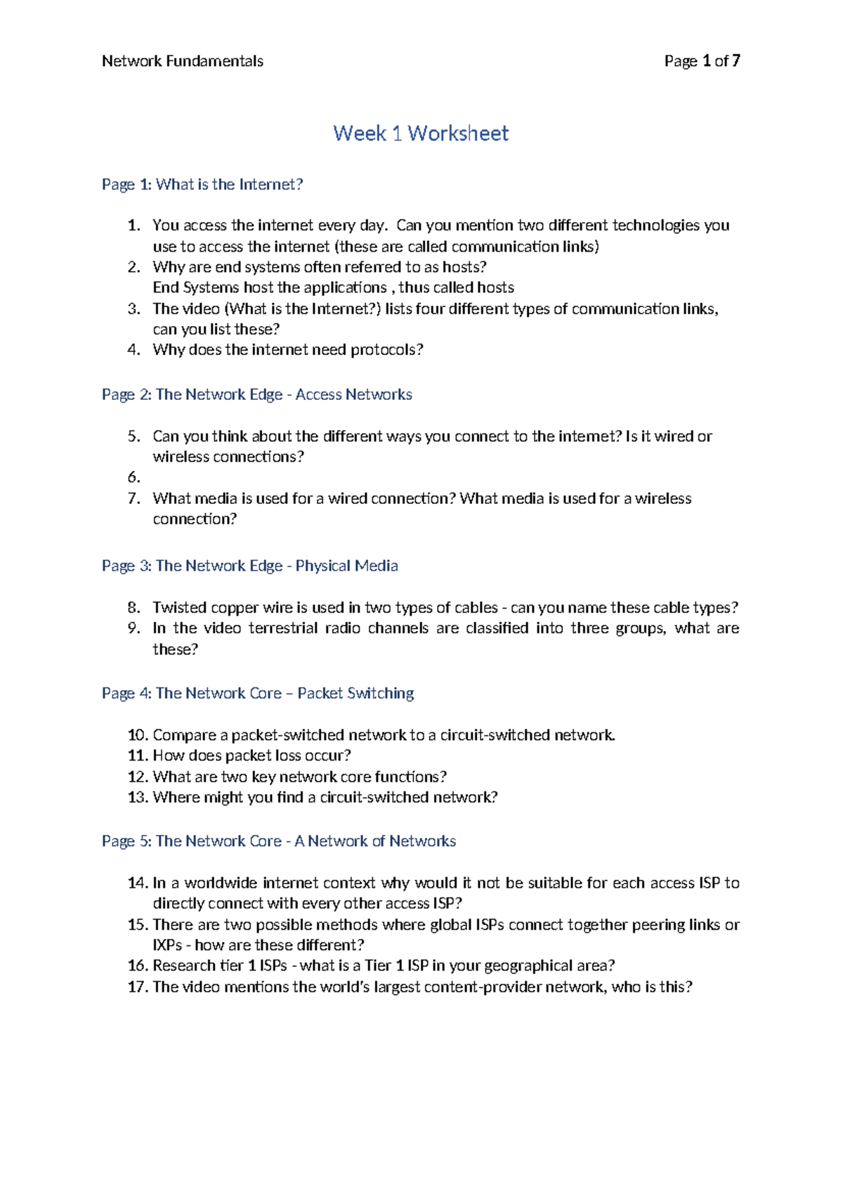 Week 1 Networking Worksheet and Concept Checking Questions - Studocu