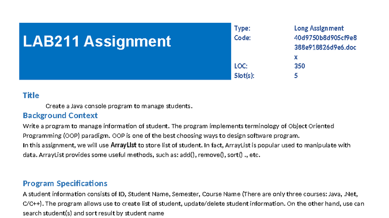 LAB211 Long Assignment: Java Student Management Console Program - Studocu