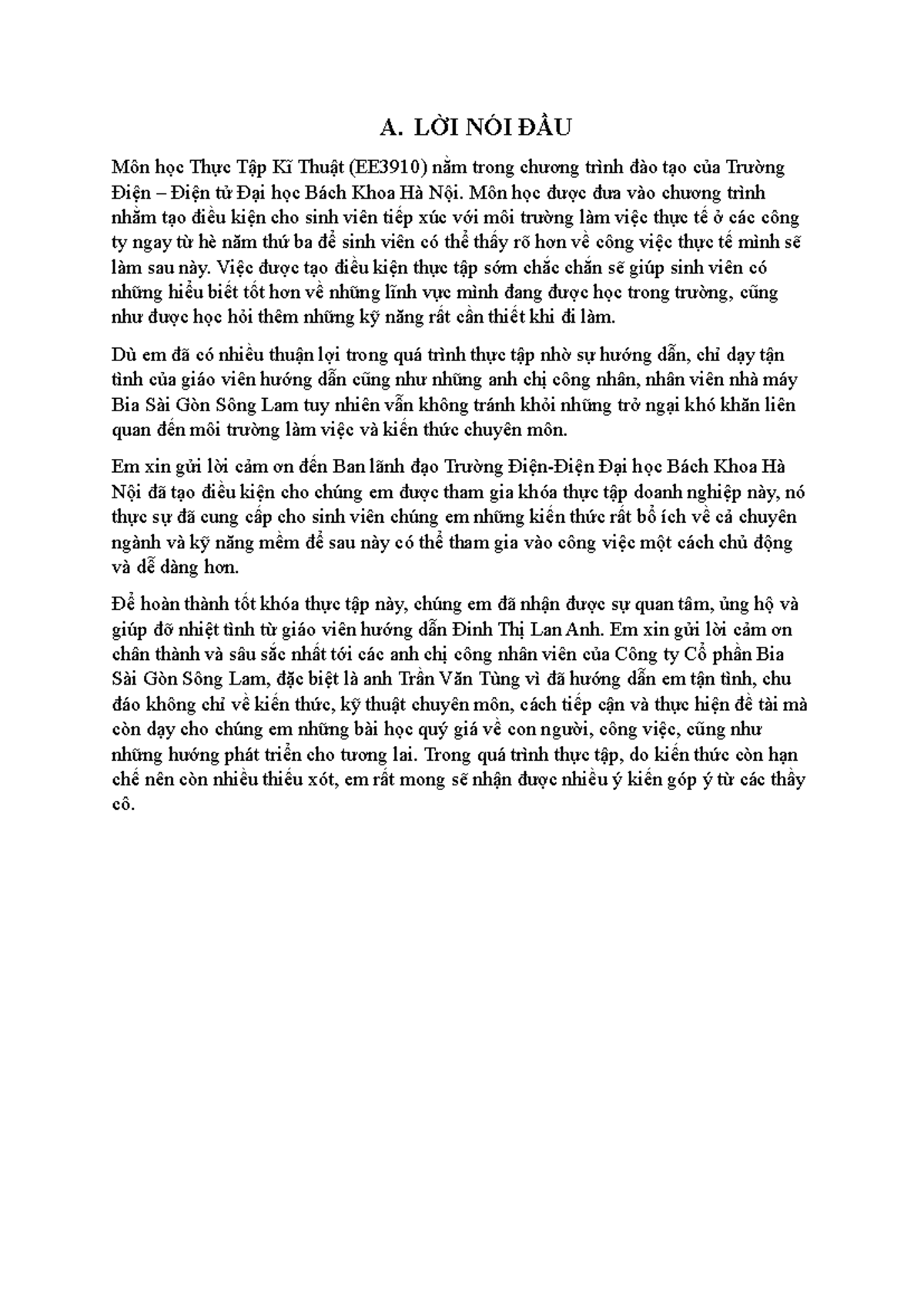 Báo cáo Thực Tập Kỹ Thuật EE3910 Tại Nhà Máy Bia Sài Gòn Sông Lam - Document Preview