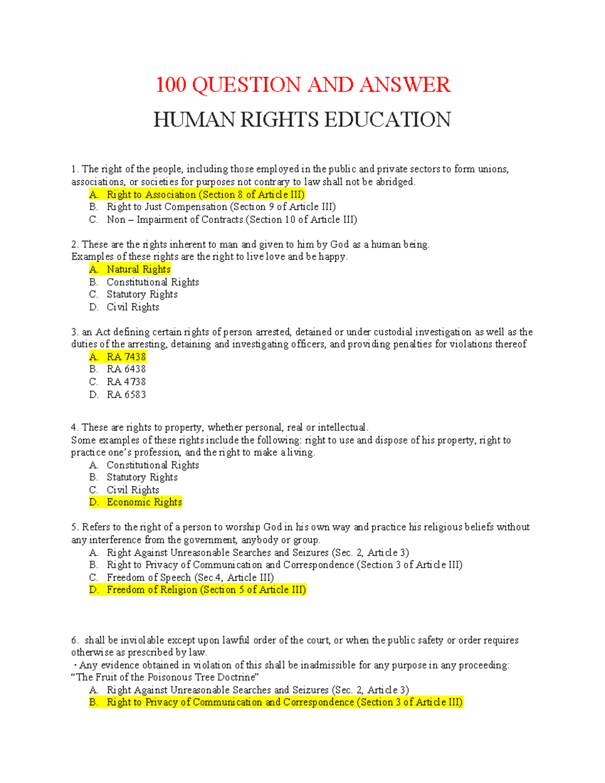 Human Rights Education: 100 Q&A for Course HR 101 - Studocu