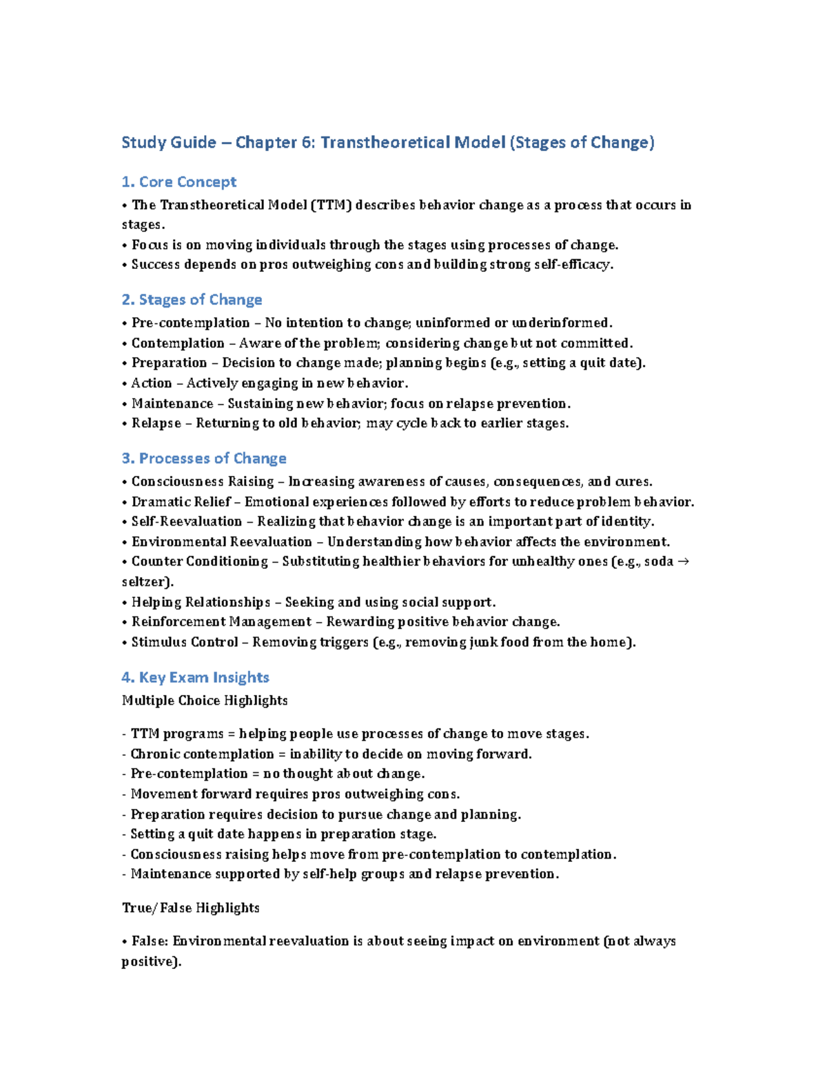 Study Guide: Chapter 6 - Transtheoretical Model (TTM) Insights - Studocu