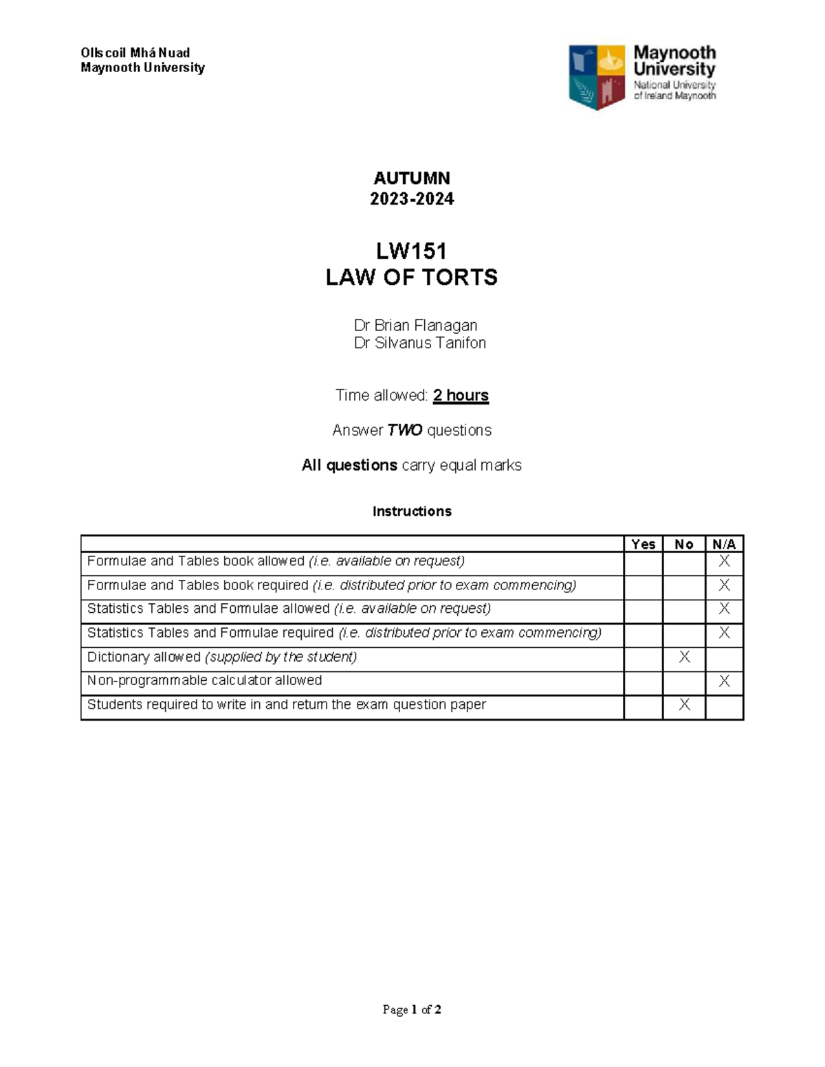 2024-LW151-Autumn - Law of Torts Exam Paper Guidelines - Studocu
