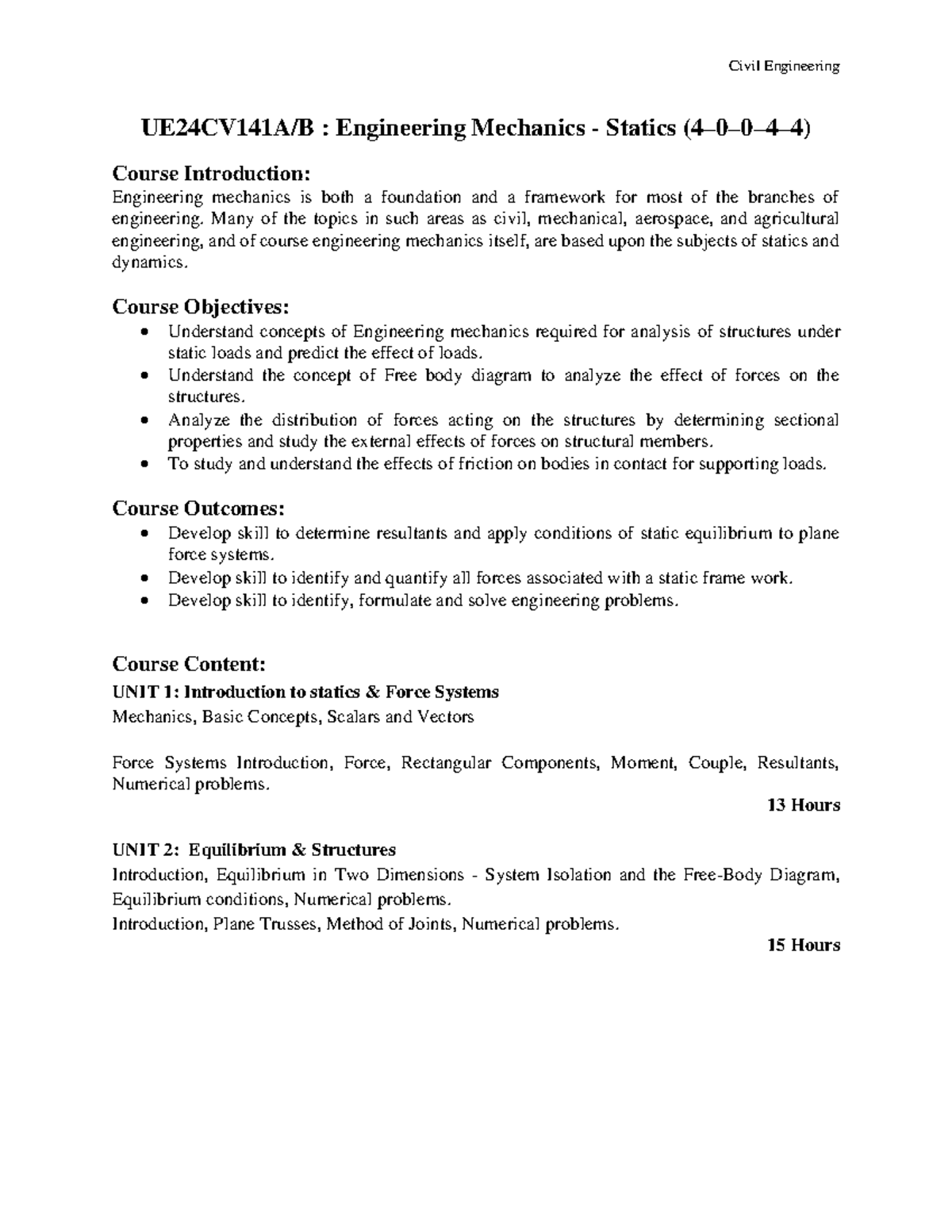 UE24CV141A Engineering Mechanics - Statics: Comprehensive Course Notes ...