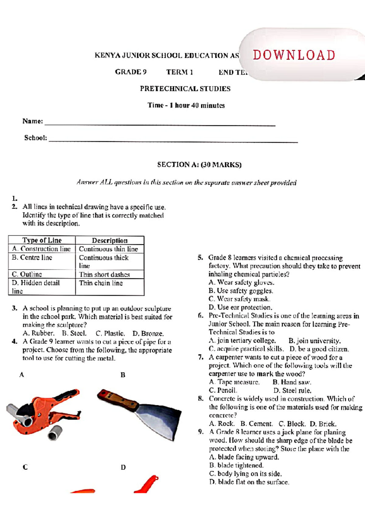 Pretec 19 - Grade 9 Term 1 Revision Paper for Technical Studies - Studocu