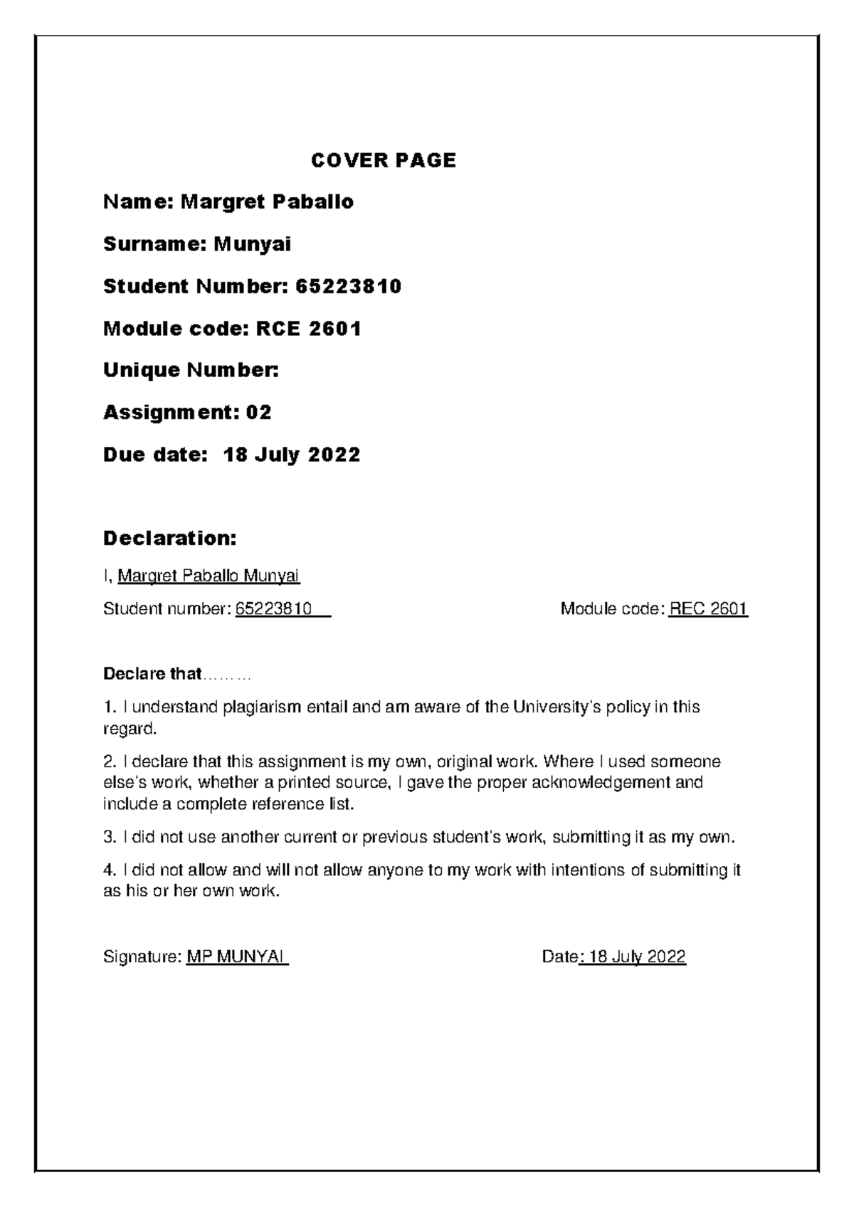 Assignment 2 Feedback and Analysis for RCE 2601 - 65223810 - Studocu