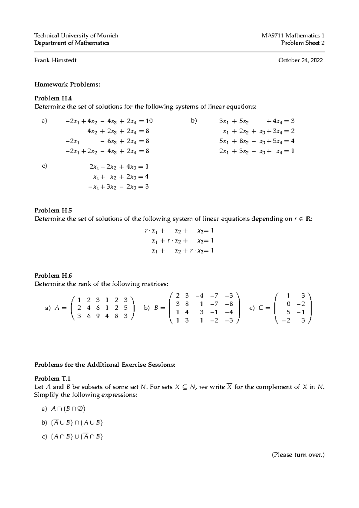 MA9711 Mathematics 1 Problem Sheet 2 - Solutions and Exercises - Studocu
