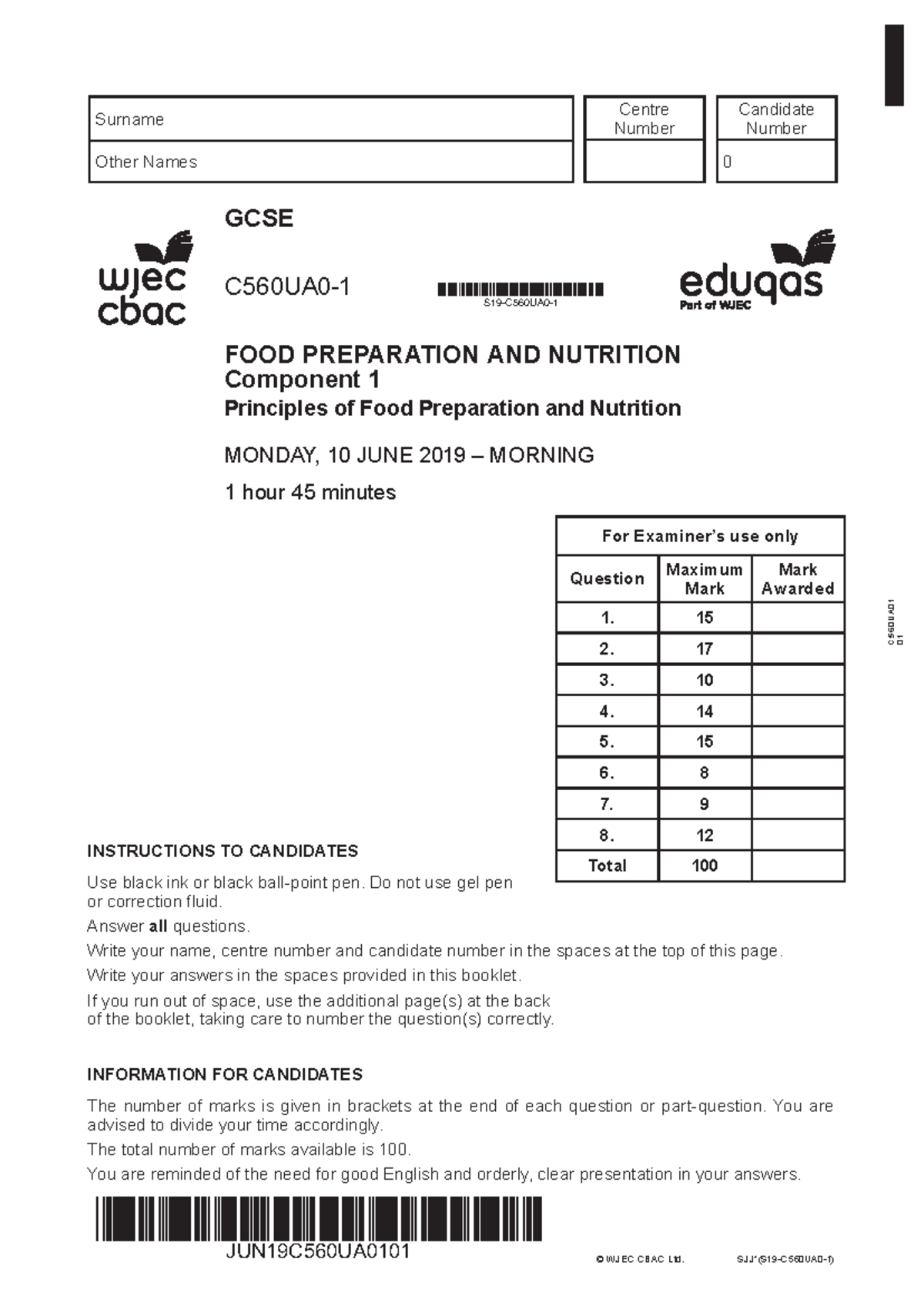 GCSE C560UA0-1 Past Paper Questions: Food Prep & Nutrition Examination ...