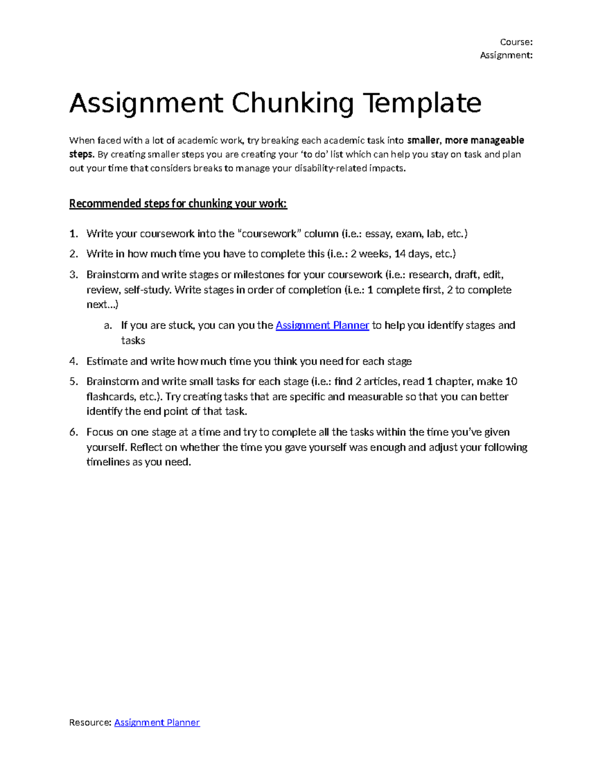 Assignment: Chunking Template for Effective Coursework Management - Studocu