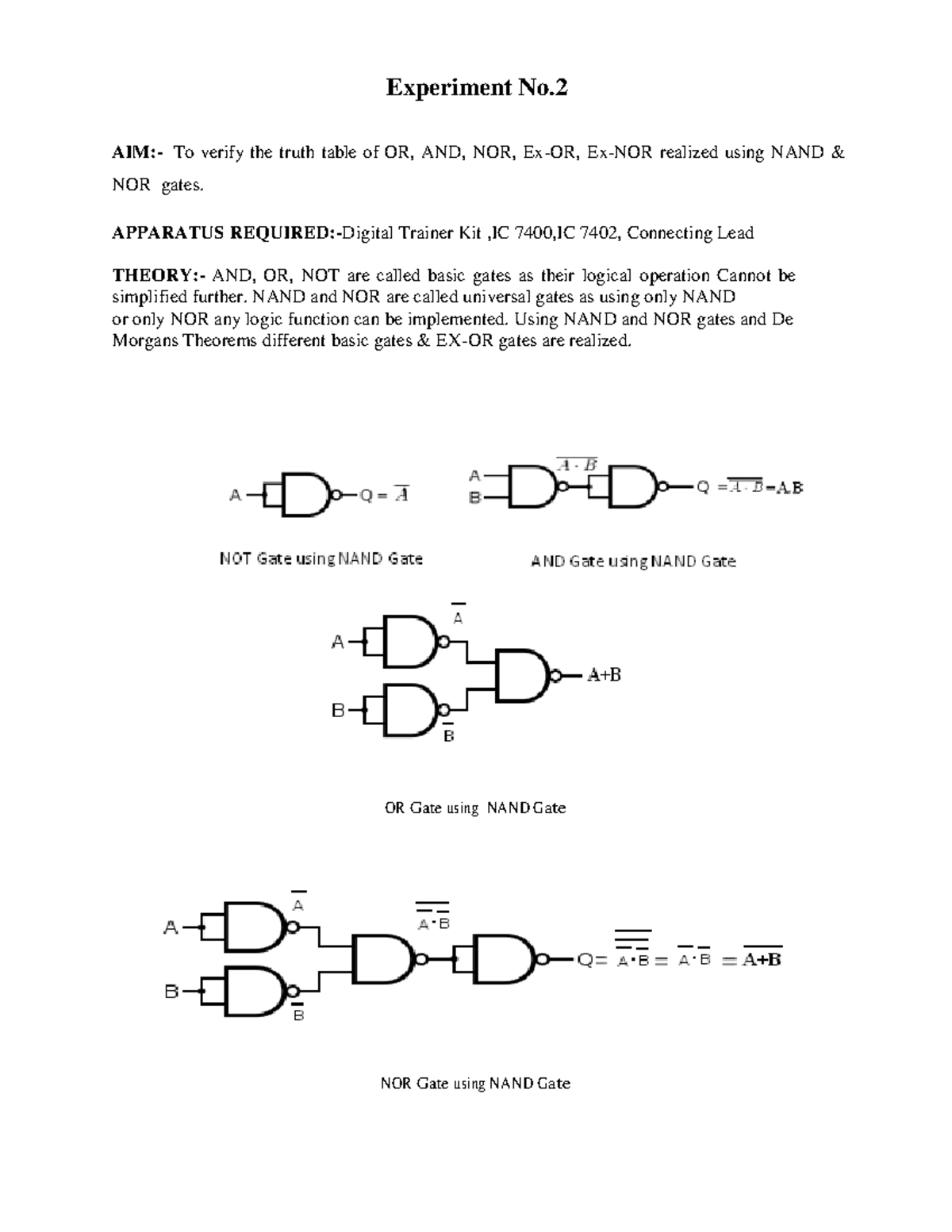 Experiment No.2: Truth Table Verification of Logic Gates Using NAND/NOR ...