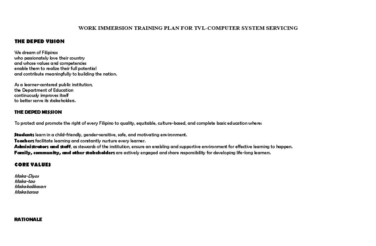 Training Plan for Work Immersion of Goa Science High School Senior High ...