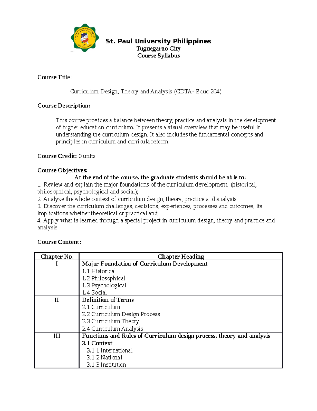 CDTA-204 Curriculum Design, Theory & Analysis Course Syllabus - Studocu