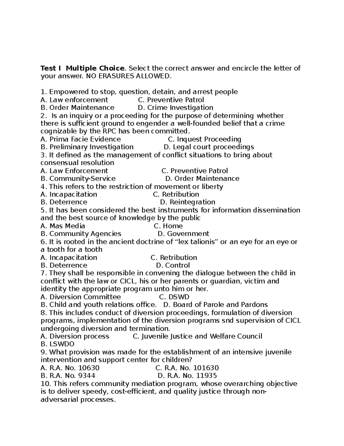 CLJ1 - Test I Multiple Choice Questions on Criminal Law - Studocu