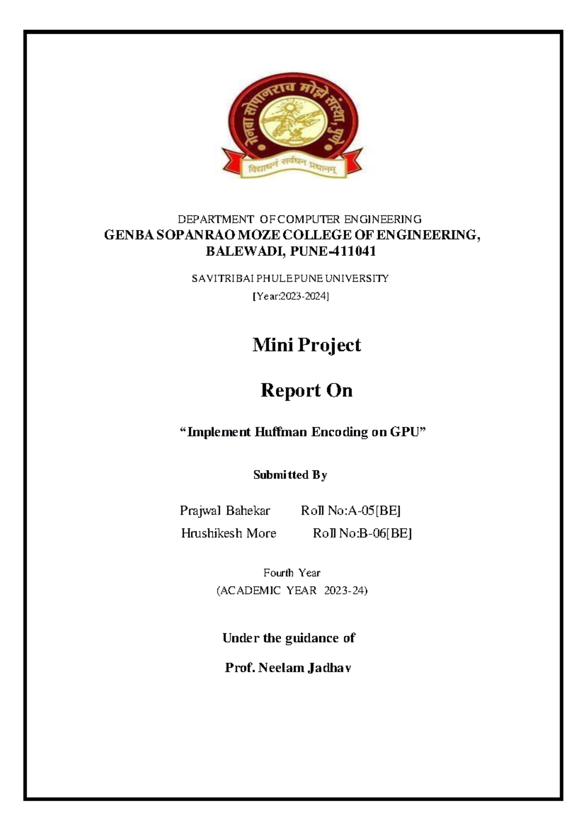 Mini Project Report on GPU-Based Huffman Encoding (CSE 2023-24) - Studocu
