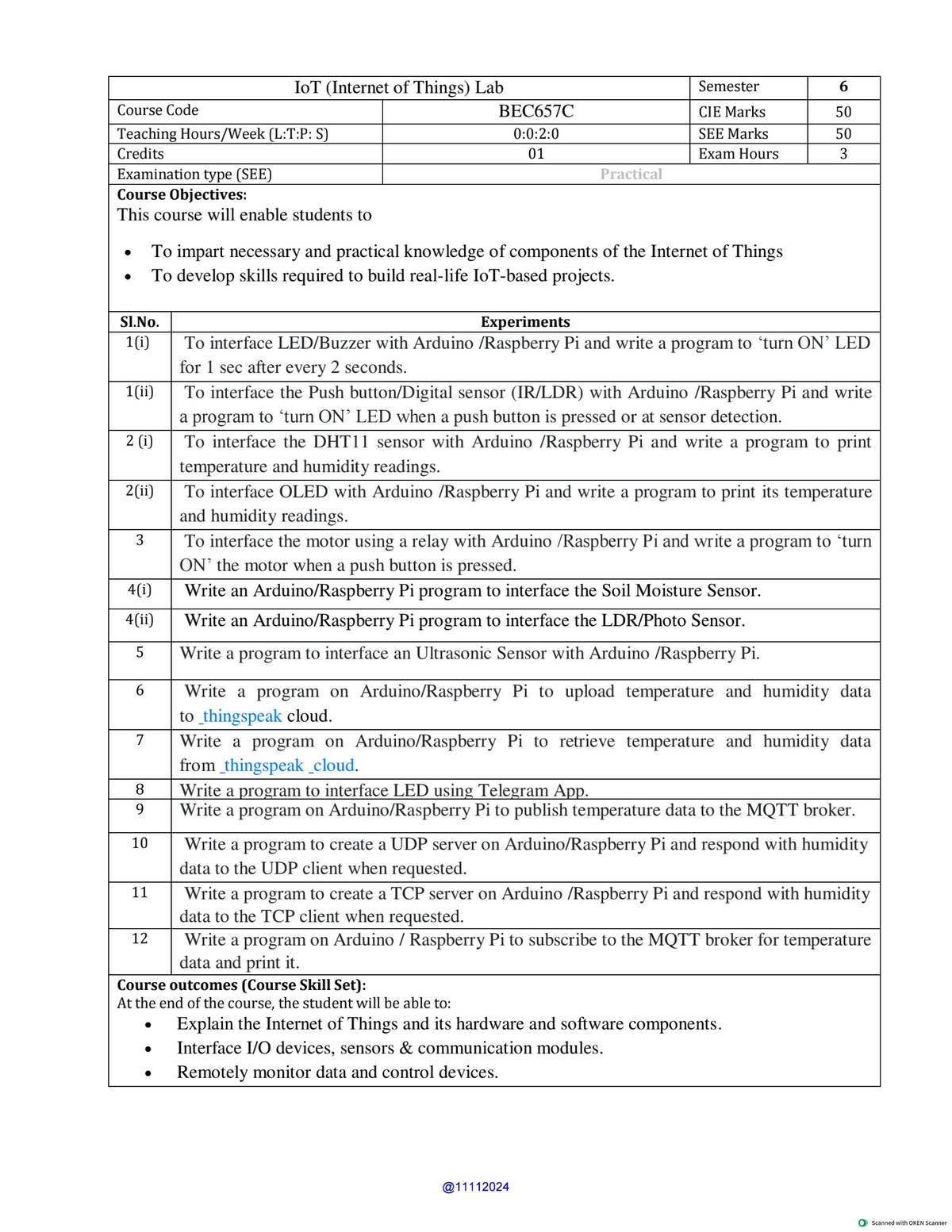 IoT Lab Syllabus - BEC657C Semester 6 Practical Guide - Studocu