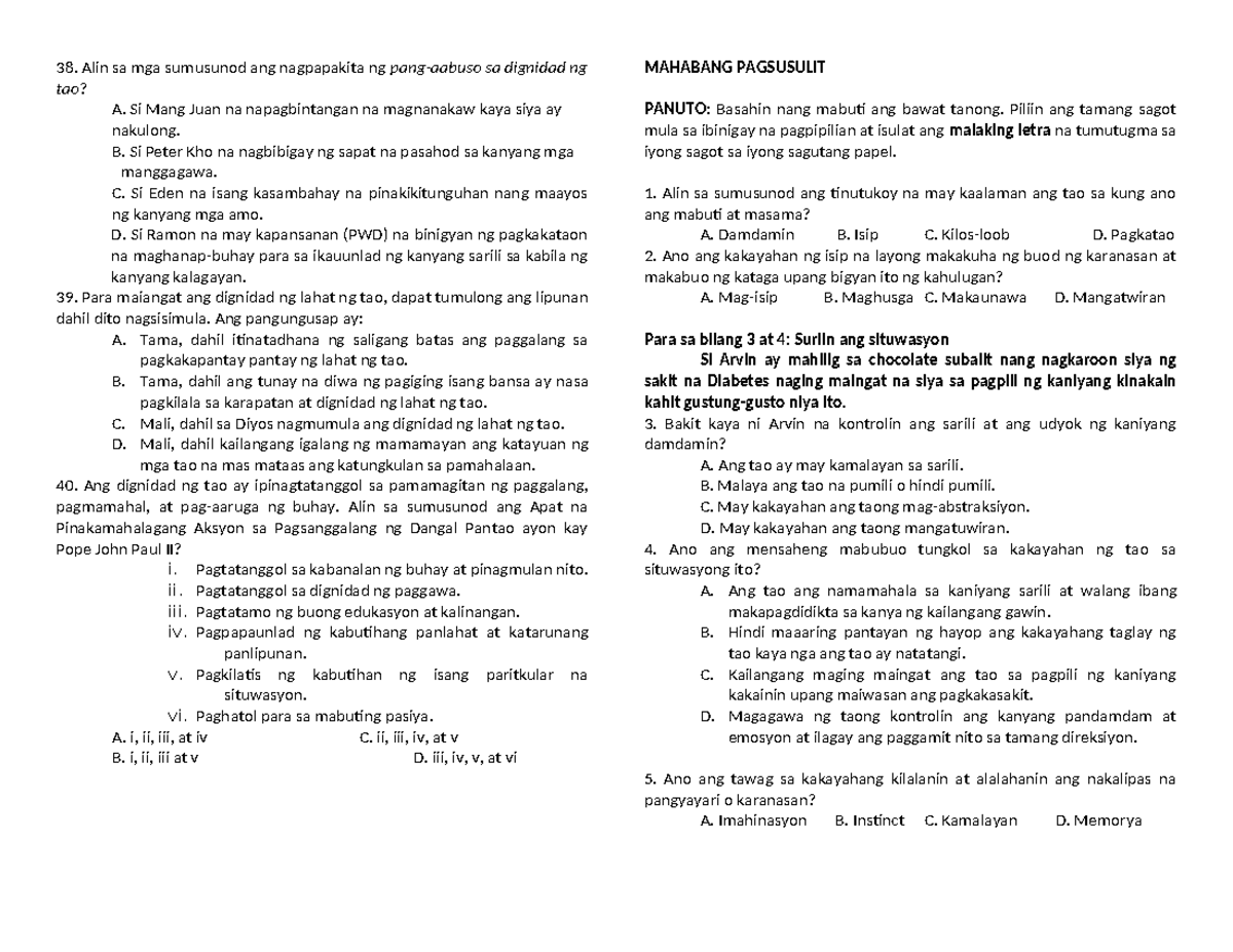 ESP 10_Q1 M1-M4 Summative Test: Pagsusuri sa Dignidad ng Tao - Studocu