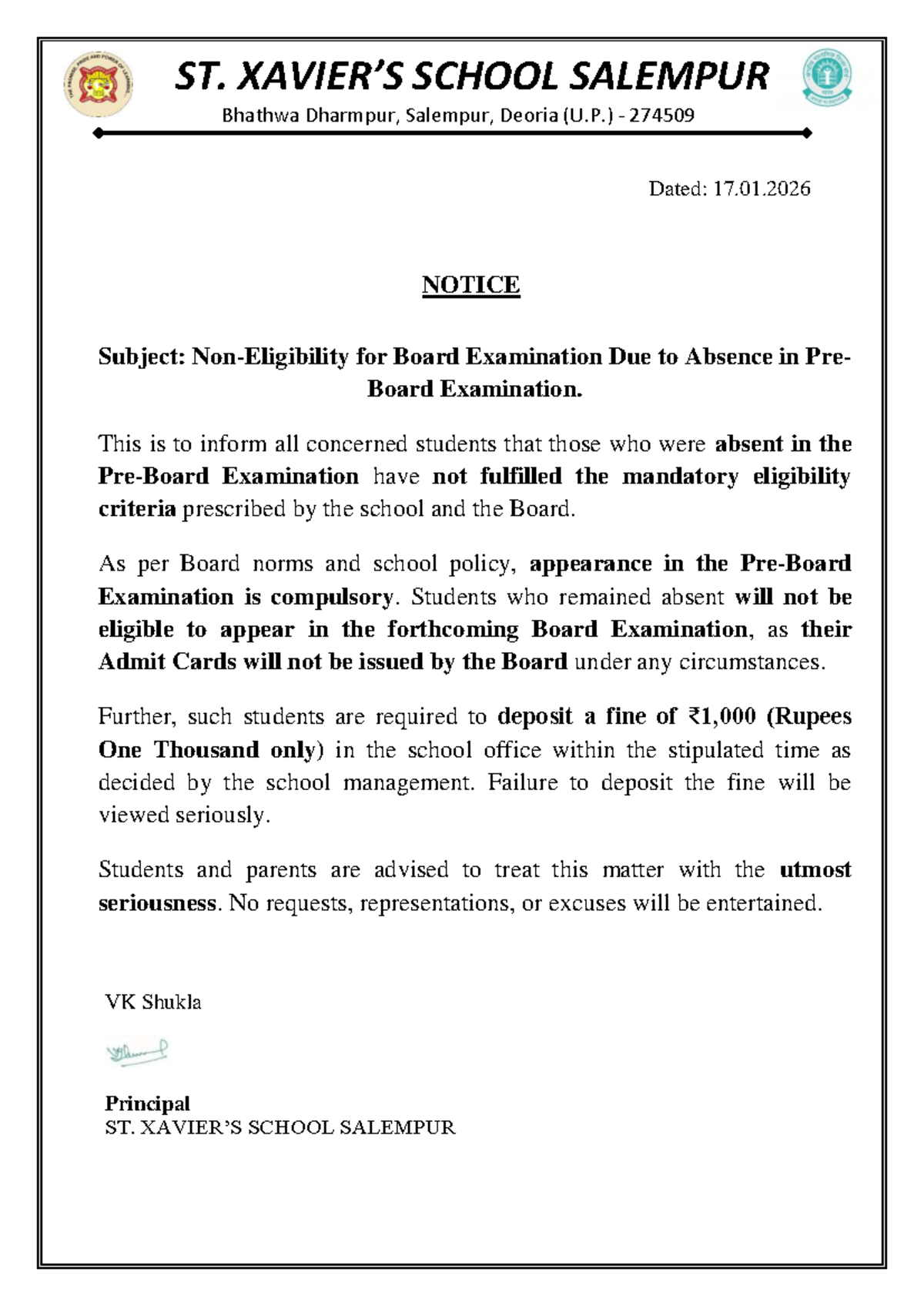 Absent Notice for Board Exam Eligibility - ST. SCHOOL SALEMPUR - Studocu