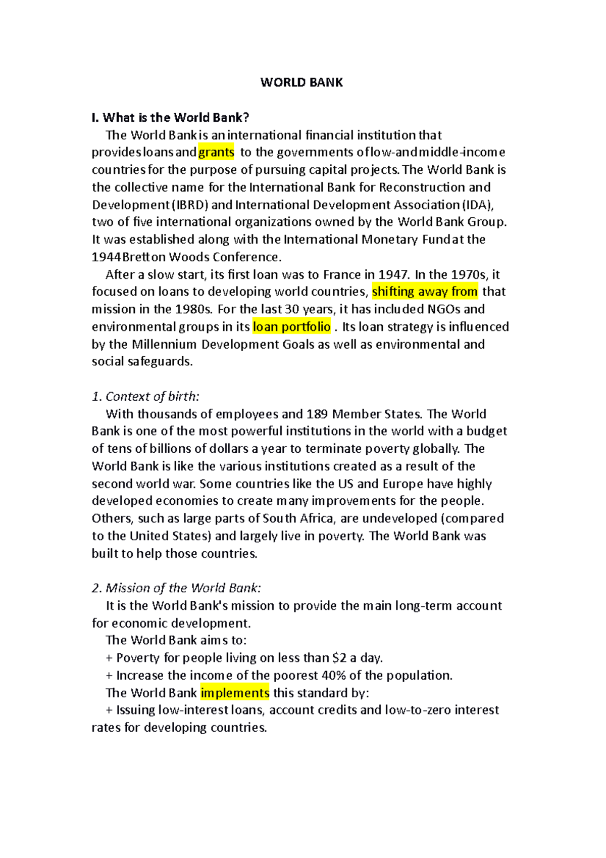 World BANK word - Vie - bài tập - WORLD BANK I. What is the World Bank ...