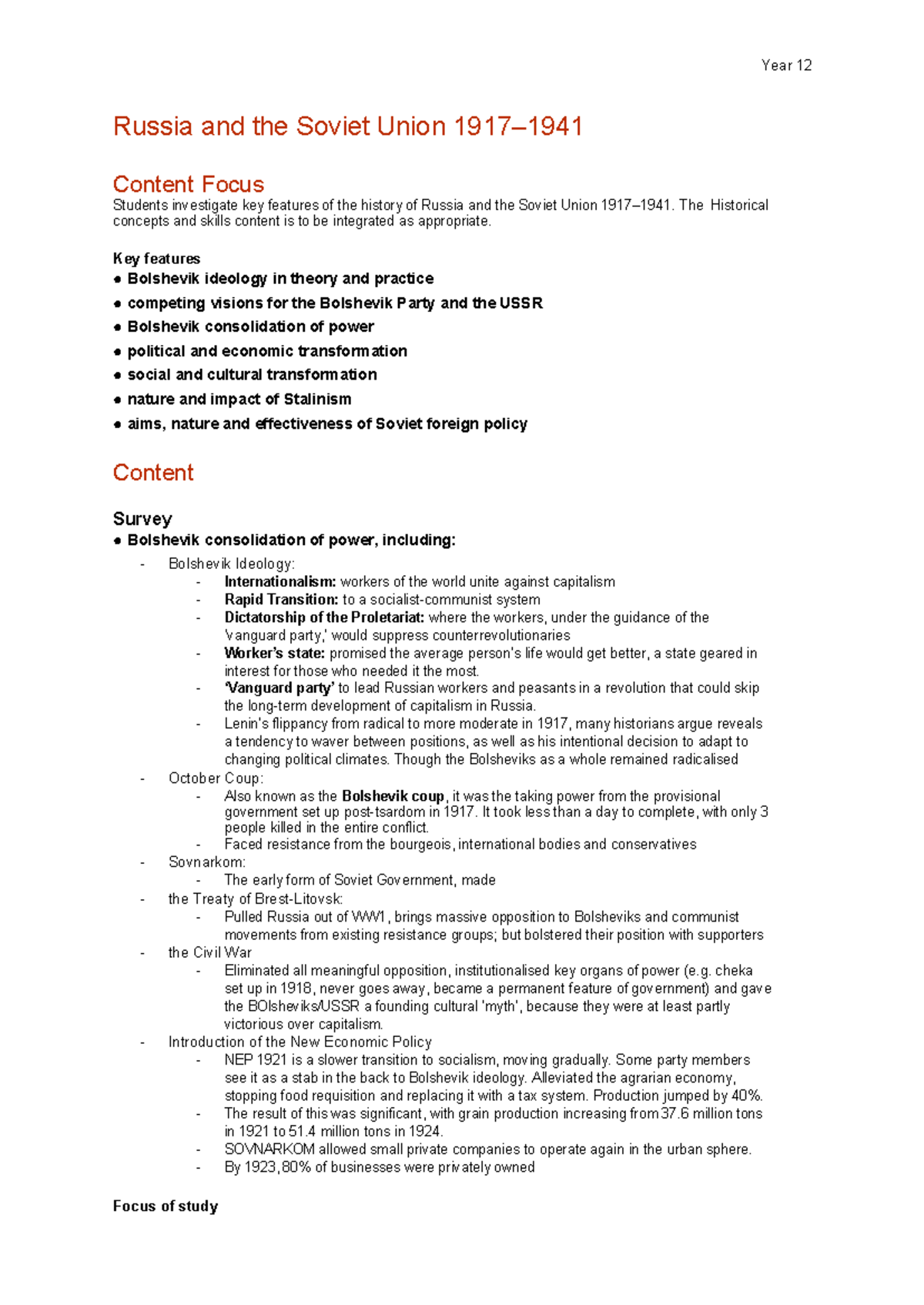 USSR Syllabus Notes Josh Pratt - Year 12 Russia and the Soviet Union ...