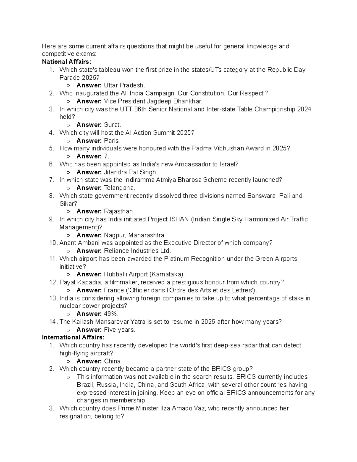 Gk Current Affairs Questions for Competitive Exams - Studocu