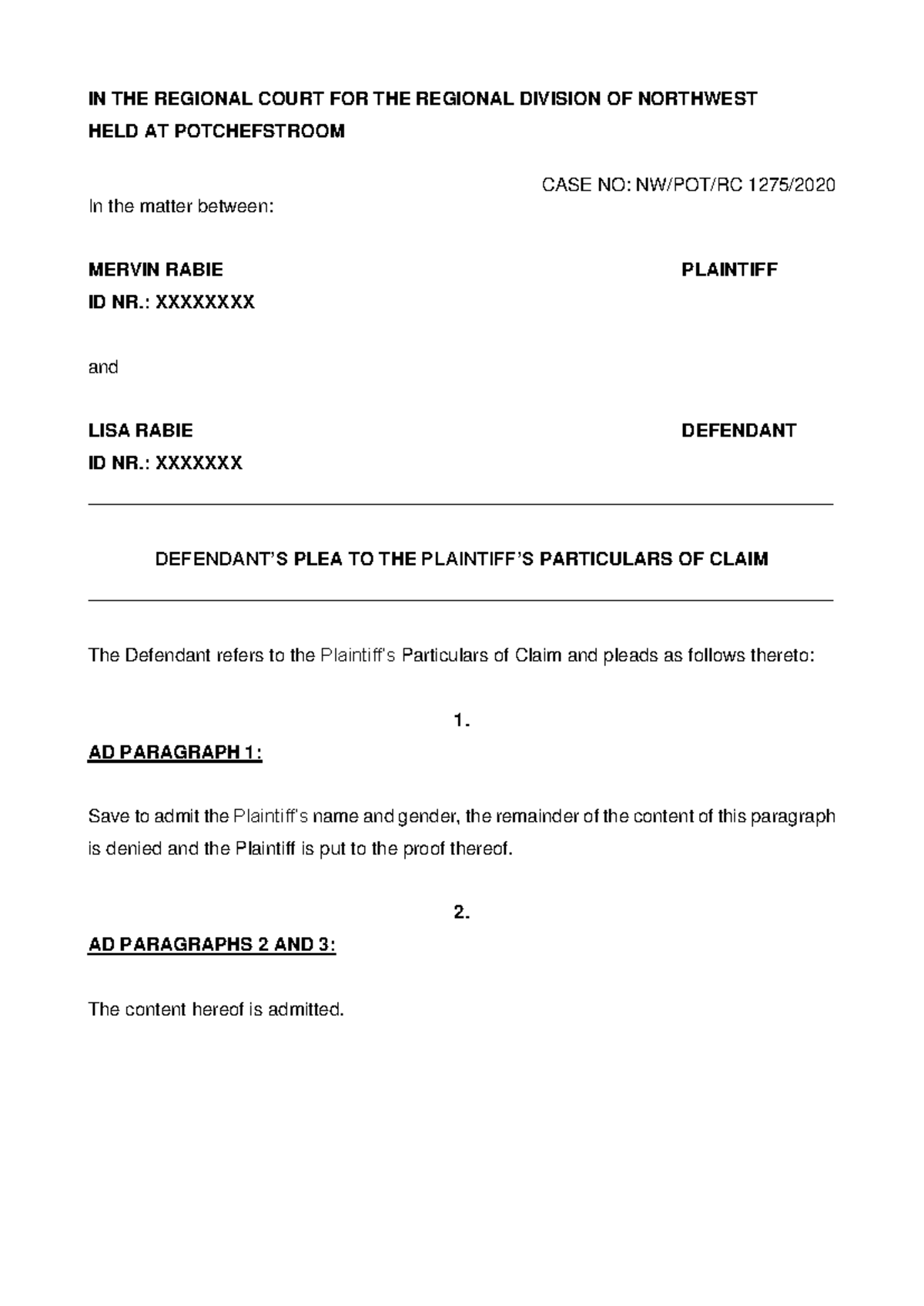PRACTICAL PLEA & COUNTERCLAIM EXAMPLE FOR NW/RC 1275/20 CASE - Studocu