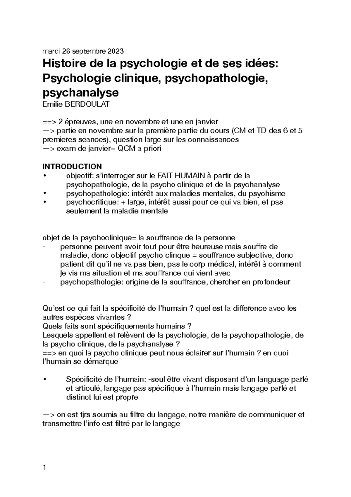 Introduction à la Psychologie Clinique - Histoire et Concepts (HIST 101 ...