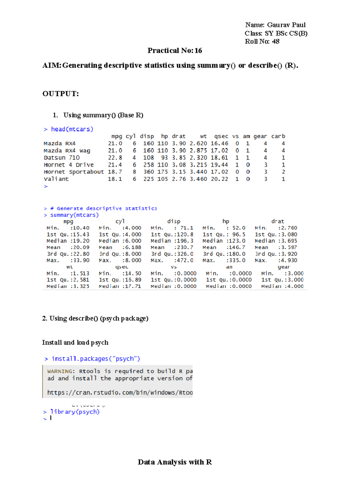 Practical No: 16 - Descriptive Statistics in R for SY BSc CS(B) - Studocu