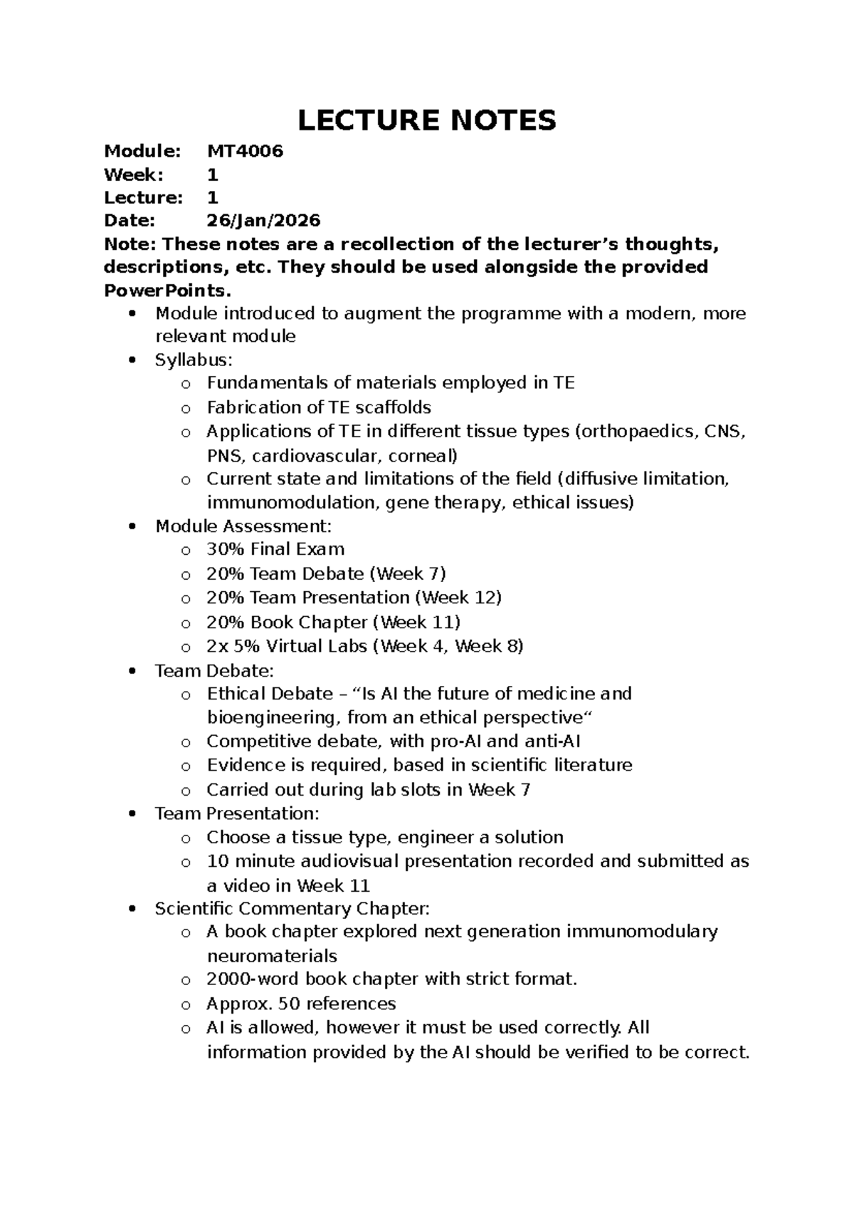 MT4006 Week 1 Lecture 1 Notes on Tissue Engineering Fundamentals - Studocu