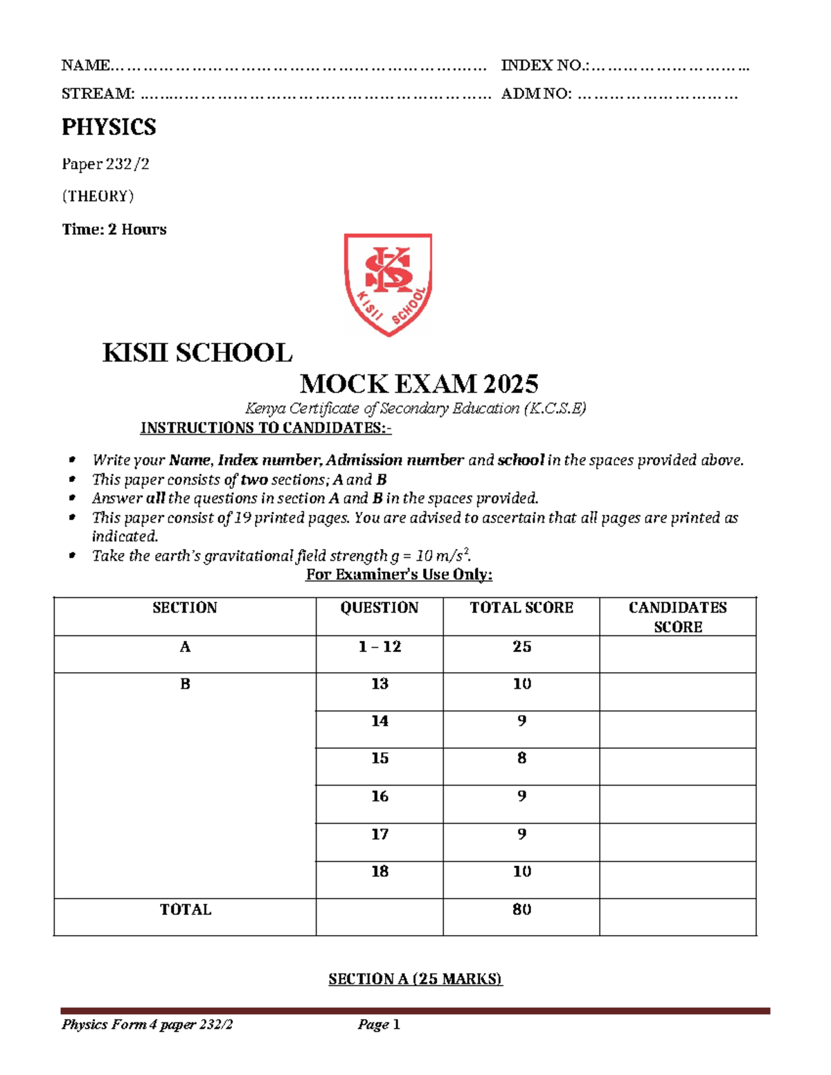 2025 K.C.S.E Kisii School Mock Exam: Physics Paper 2 - Studocu