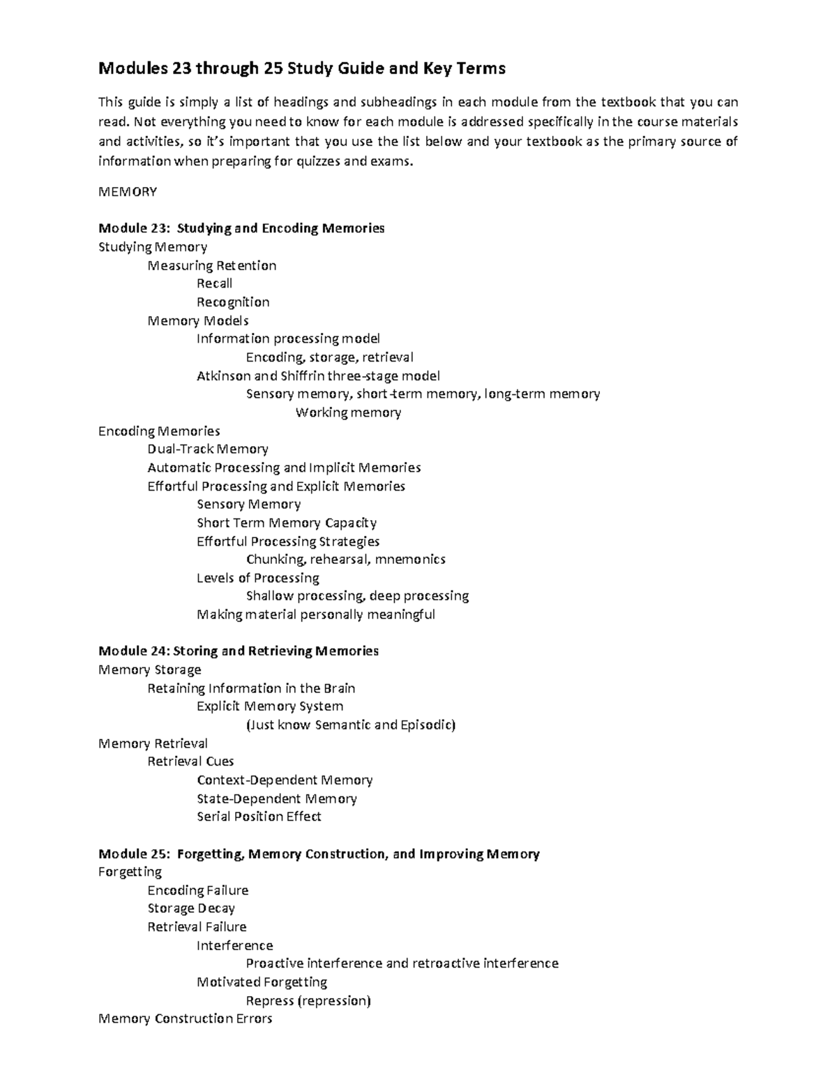 Study Guide for Memory: Modules 23-25 Key Terms & Concepts - Studocu