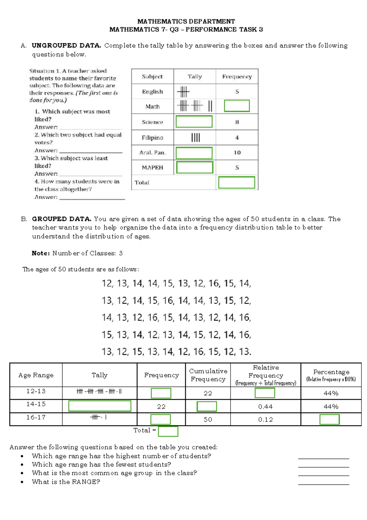 MATHEMATICS DEPT Q3 PERFORMANCE TASK 3: DATA ANALYSIS - Studocu