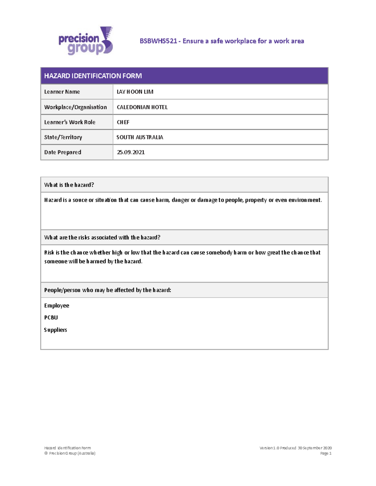 BSBWHS521 - Hazard Identification Assignment for South Australia - Studocu