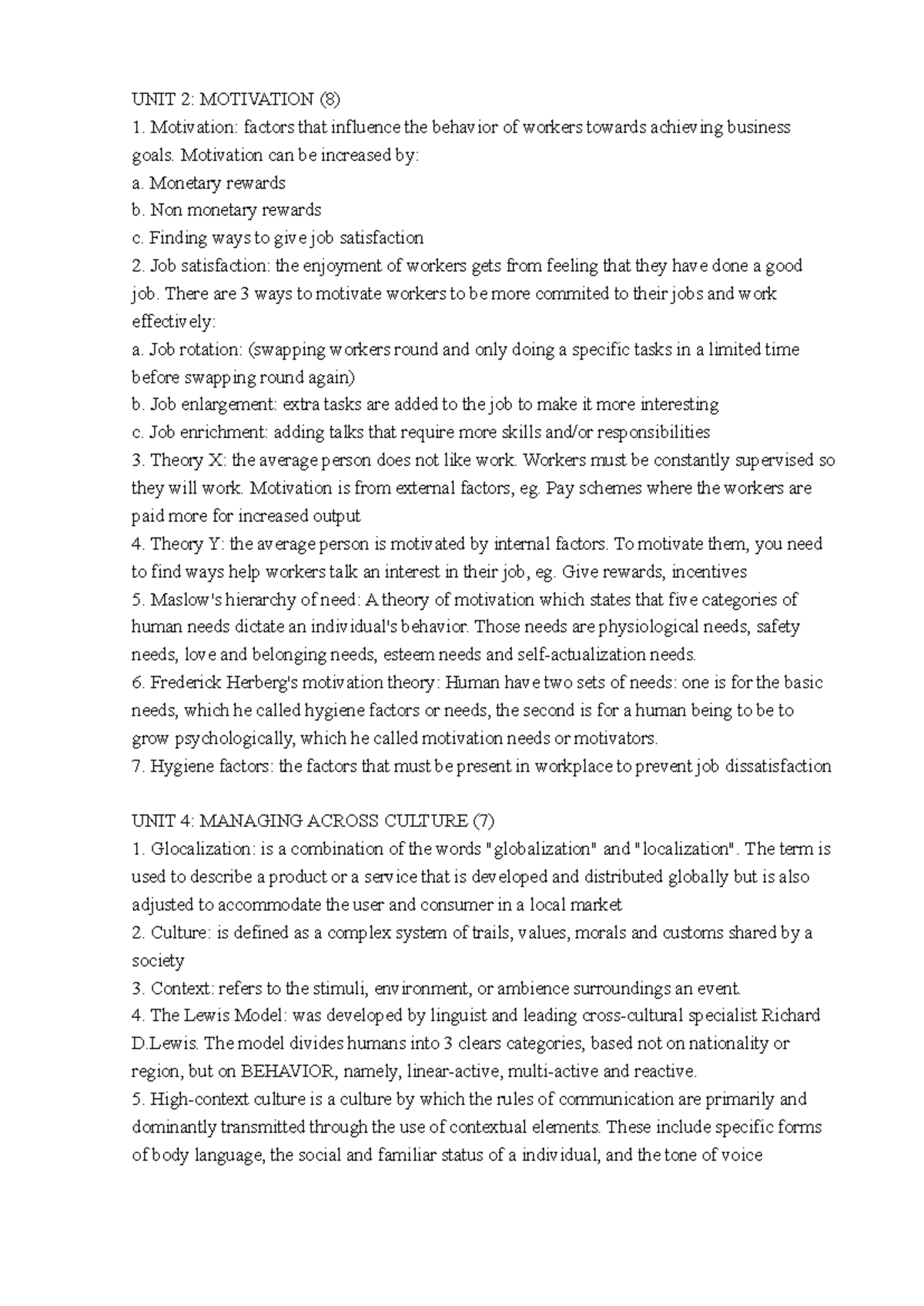 UNIT 2: MOTIVATION & UNIT 4: MANAGING ACROSS CULTURES Study Notes - Studocu