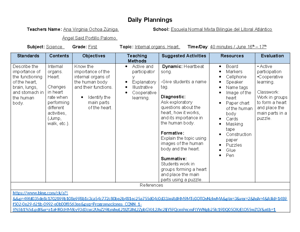 Daily Planning: Science Standards on Internal Organs (1st Grade) - Studocu