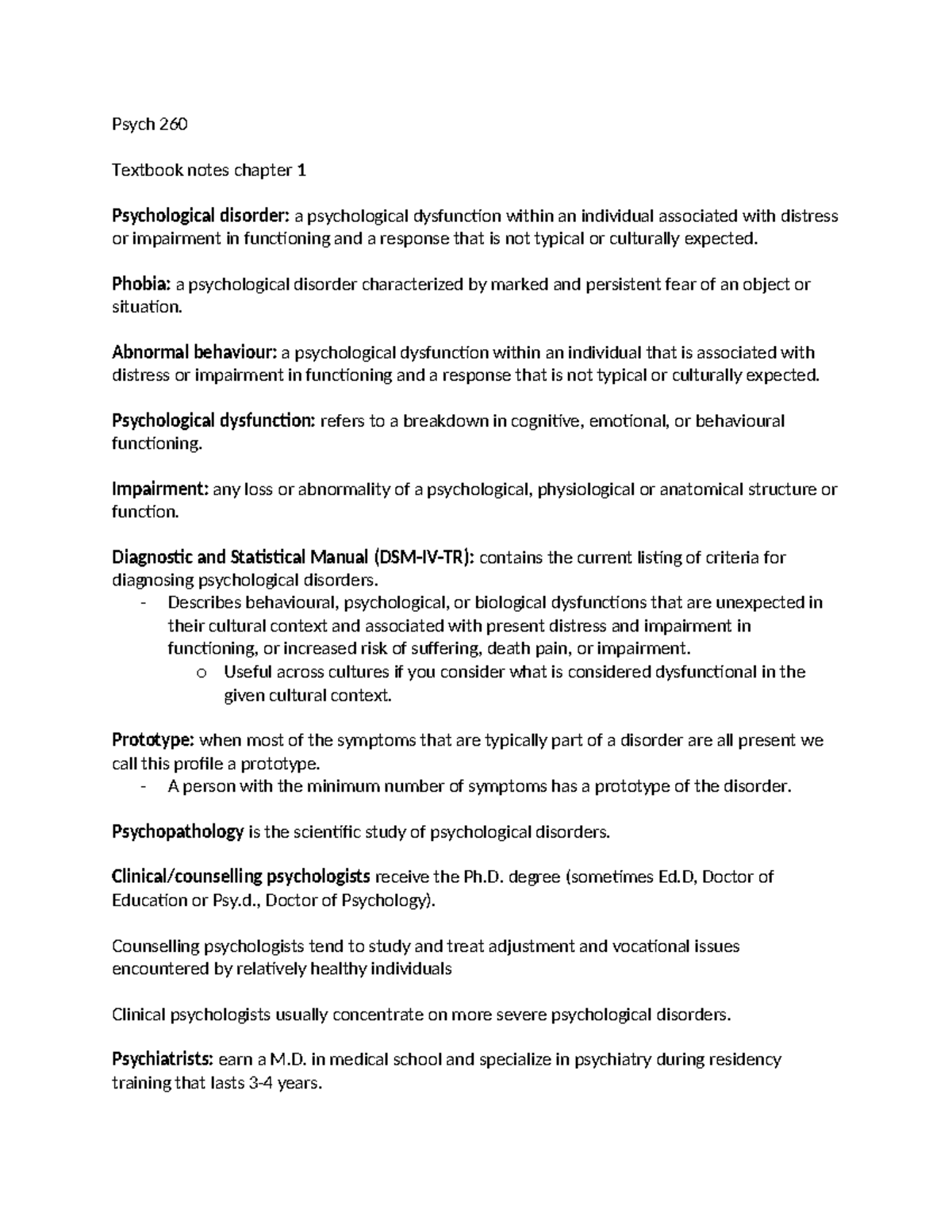 Psych 260 Midterm 1 Comprehensive Notes on Psychological Disorders ...
