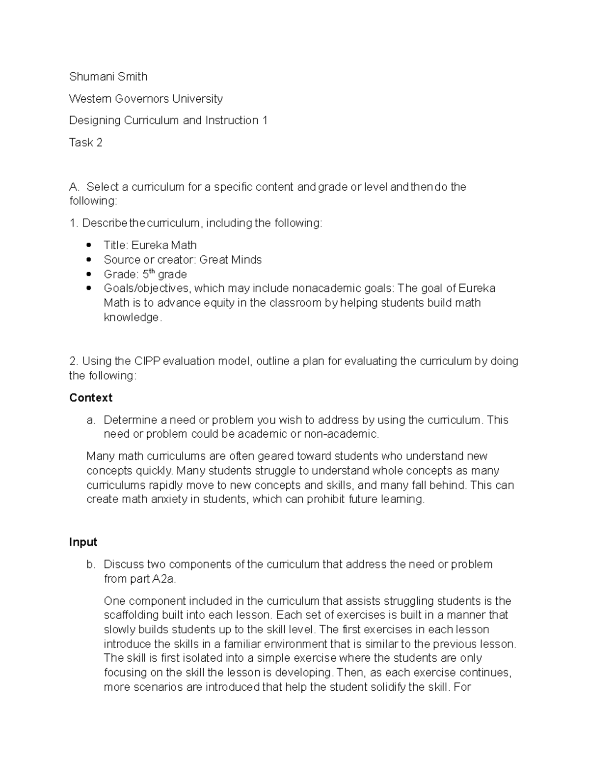 Task 2 - Curriculum Evaluation Plan for D630: Eureka Math Insights ...
