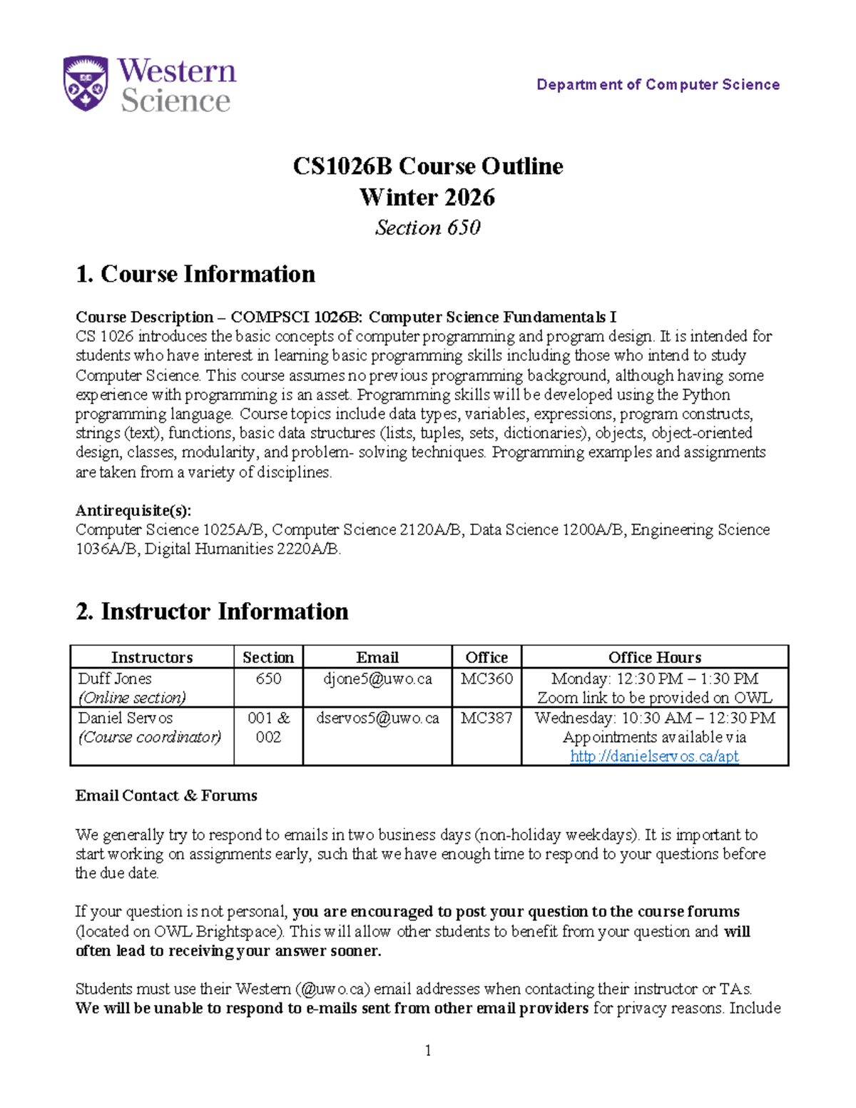 CS1026B Course Outline: Computer Science Fundamentals I - Winter 2026 ...