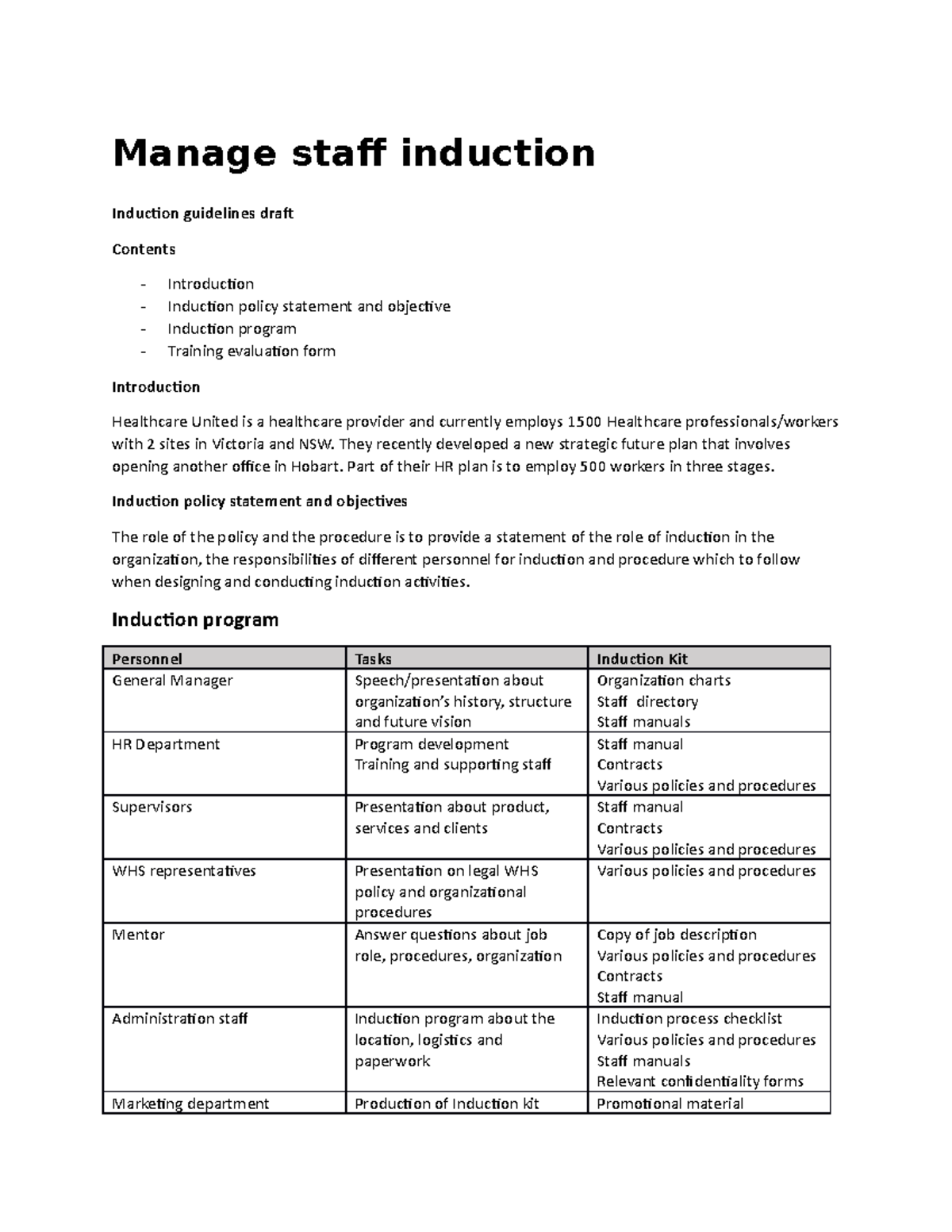 Assessment task 3 SA - Manage staff induction Induction guidelines ...