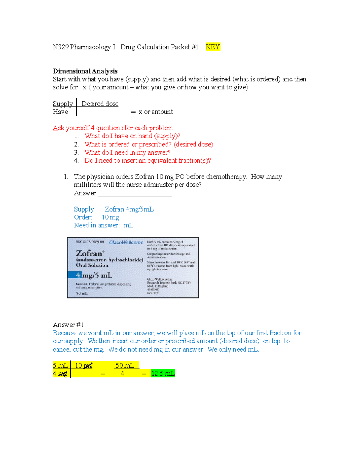 N329 Pharmacology I Dimensional Analysis Drug Calculation KEY - Studocu