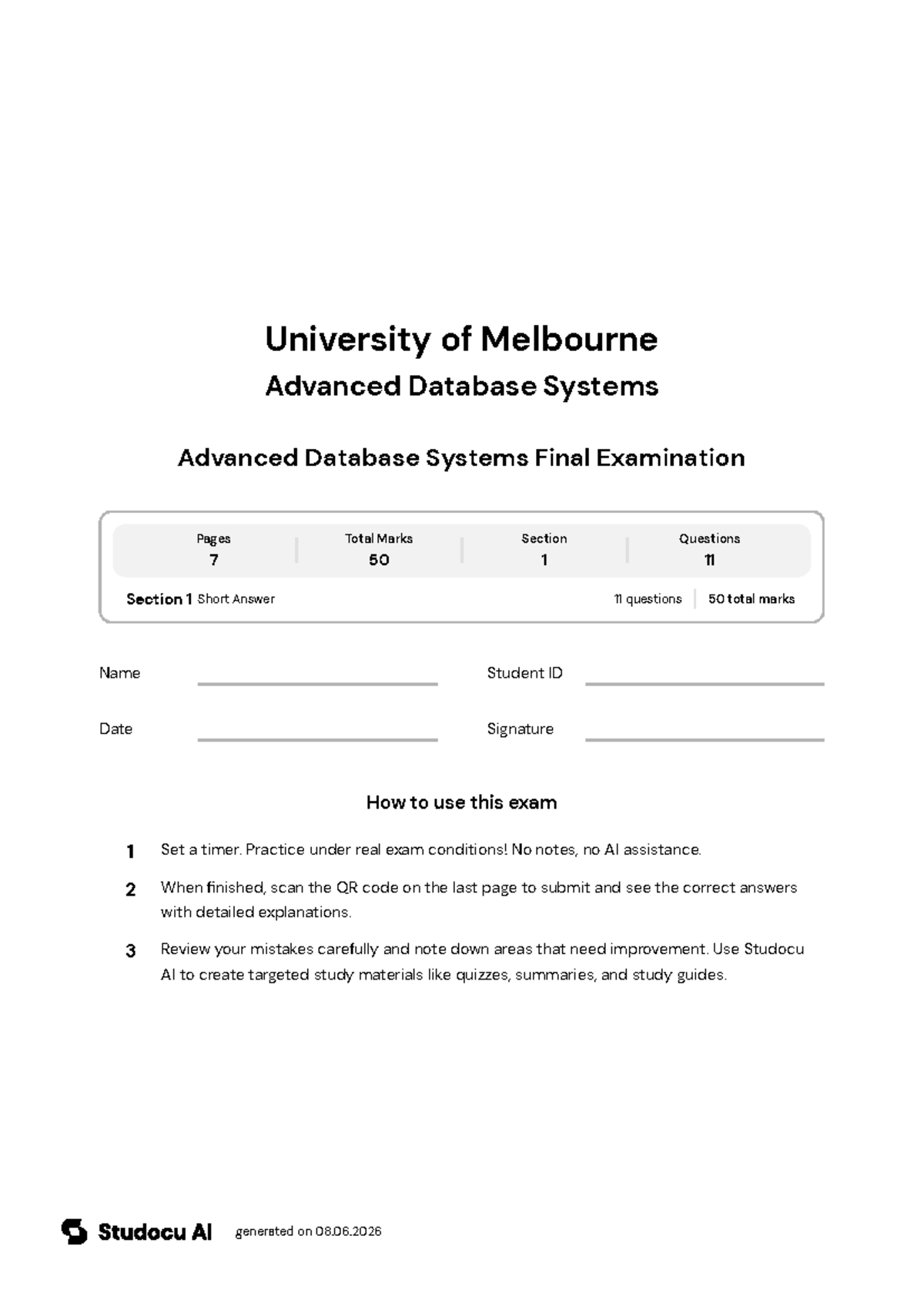 Advanced Database Systems Final Exam - Studocu